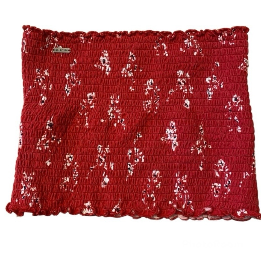 Hollister Red Smocked Floral Ruffle Crop Tube Tops si…